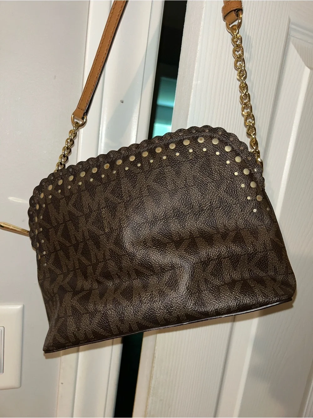 Michael Kors Brown Cindy Dome Signature Crossbody Bag with Gold Accent